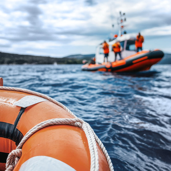 Orangefarbiger Rettungsring vorne links im Anschnitt, dahinter Einsatzboot mit Rettungsmannschaft auf bewegtem Wasser. Im Hintergrund bergige Küstenlandschaft unter bewölktem Himmel.