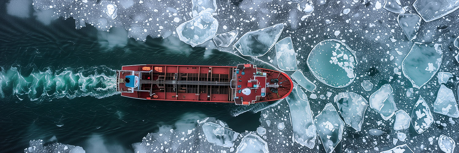 Roter Eisbrecher aus der Vogelperspektive bricht durch türkisblau glänzende Eisschollen. Das Wasser schimmert in Kontrast zum roten Schiffskörper. Zahlreiche Eisschollen umgeben das Schiff.