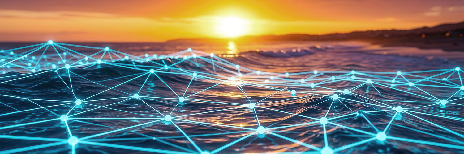 Sonnenuntergang am Meer. Die sind Wellen als leuchtende, blaue digitale Netzwerk-Struktur aus Linien und Knoten dargestellt