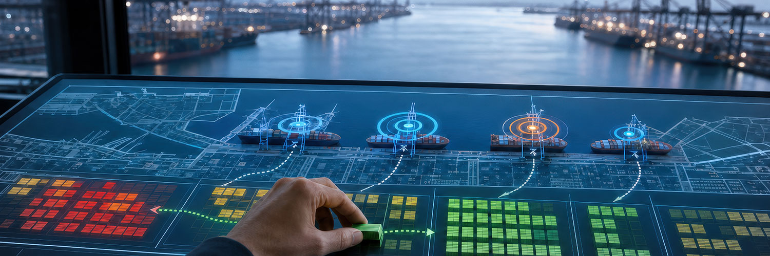 Interaktives Logistik-Dashboard zeigt Frachtschiffe mit Container-Status in verschiedenen Farben und digitalen Tracking-Symbolen, Hafenansicht im Hintergrund